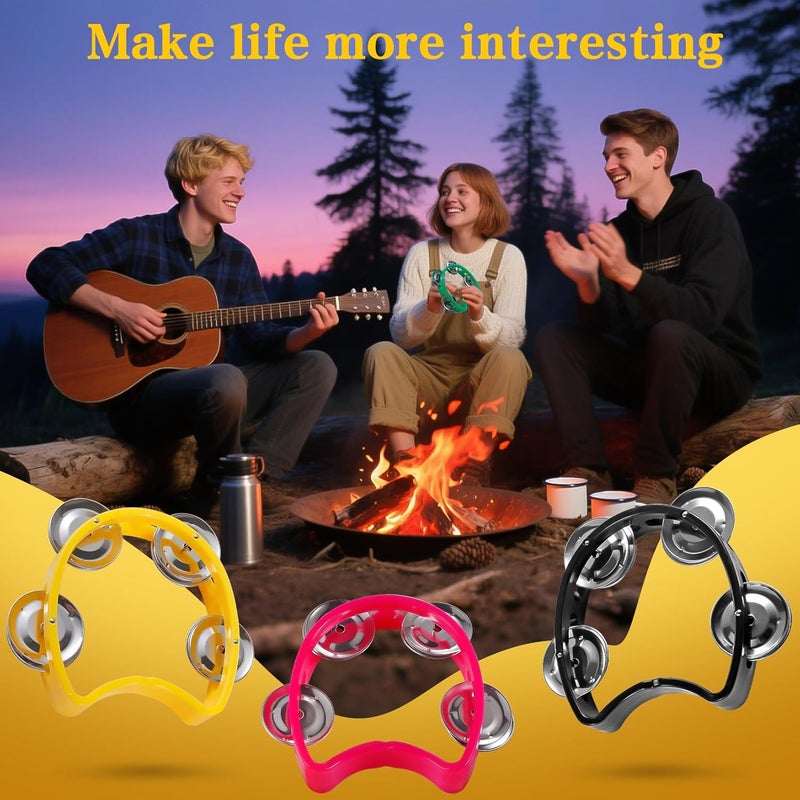 TENINYU Pack of 3 Half Moon Musical Tambourine, Double Row Metal 4 Jingle Bells Mini Hand Held Percussion Drum with Ergonomic Handle Grip (Black & Pink & Yellow) - Image 4